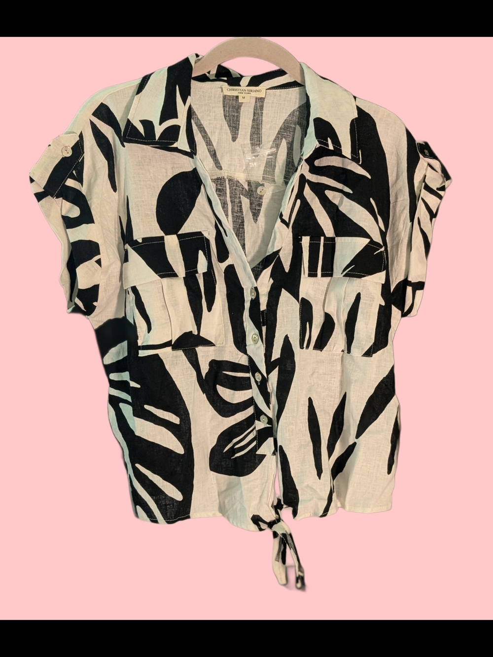 Linen Abstract Tropical Print Boho Black and White Point Collar Tie-Front Blouse